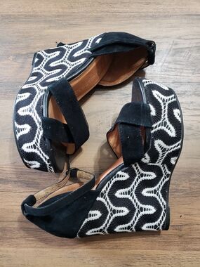 Jeffrey Campbell Black & White Patterned Suede Wedge Sandals